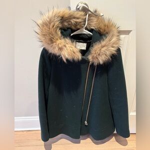 SANDRO dark green coat with fur. Double zipper
